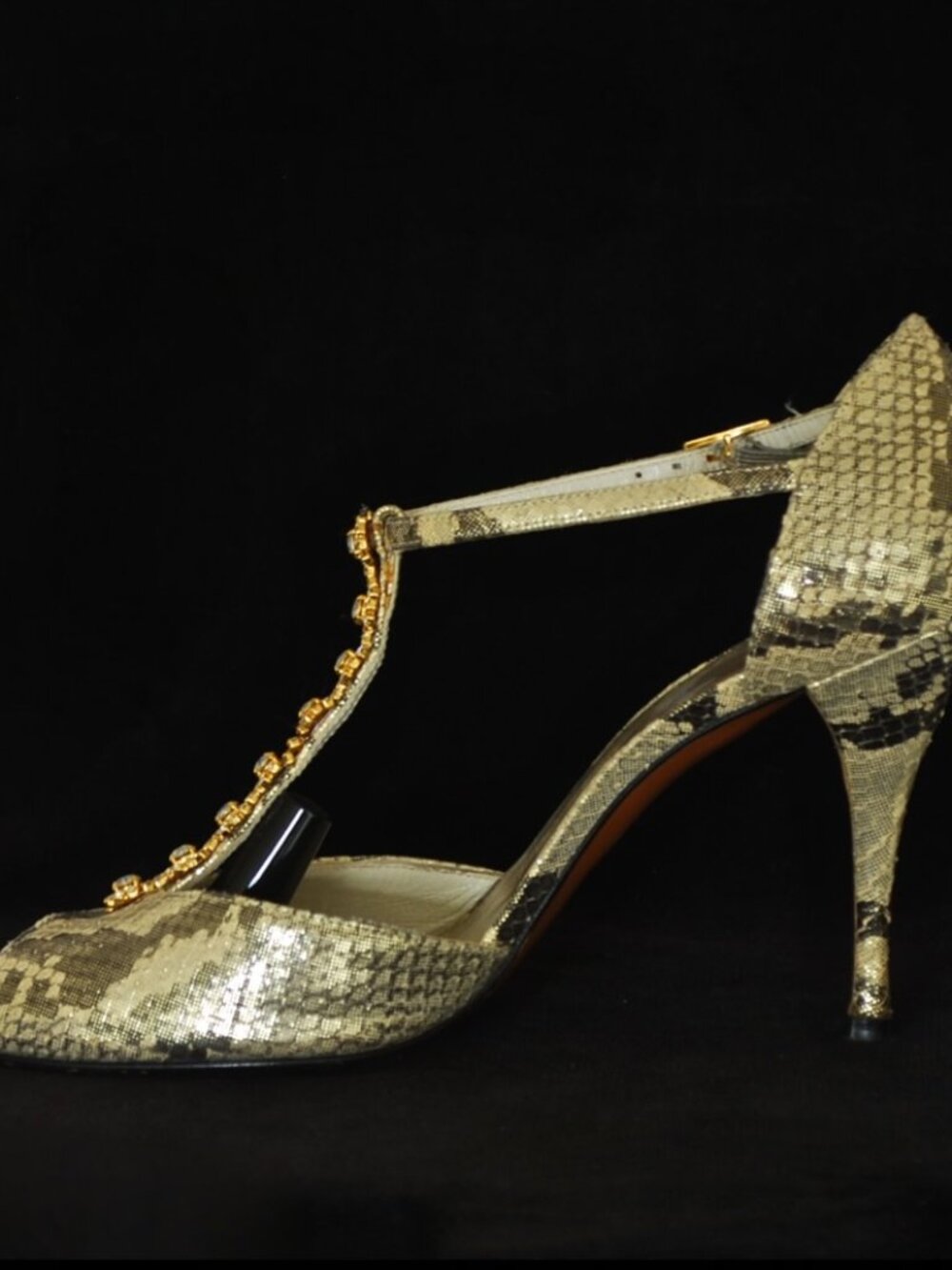 Stuart Weitzman Metallic Leather Heels With Swarovski Crystal T-Straps
